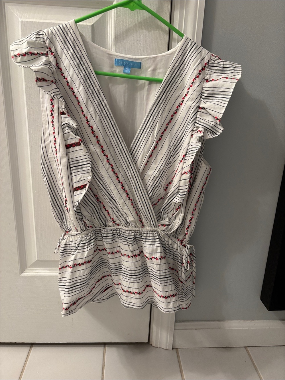 Draper James White Striped Wrap Peplum Top with Red/Pink floral Stitching
